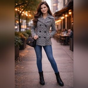 Moon Collection Black and Gray Bird Pattern Pea Coat